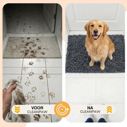 Före och efter: leriga tassavtryck på kaklat golv till vänster, ren grå matta med en sittande hund till höger. 6