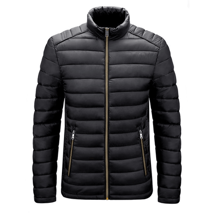Schwarze Daunenjacke Herren, Stehkragen, Reißverschluss, Wintermode, warm, stilvoll.