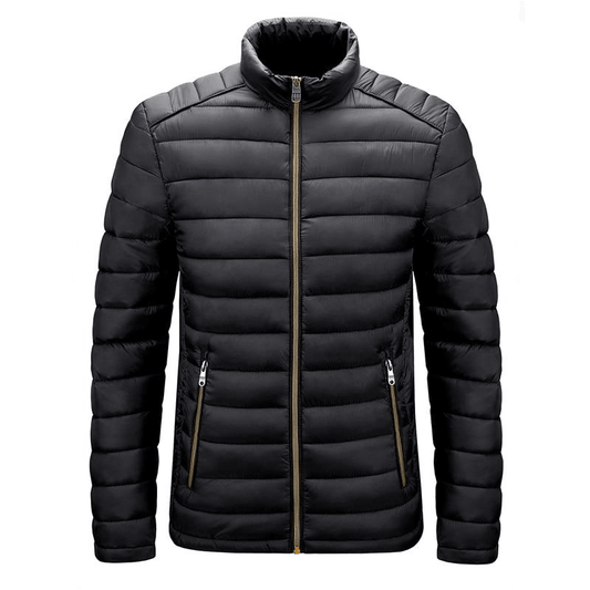 Schwarze Daunenjacke Herren, Stehkragen, Reißverschluss, Wintermode, warm, stilvoll.