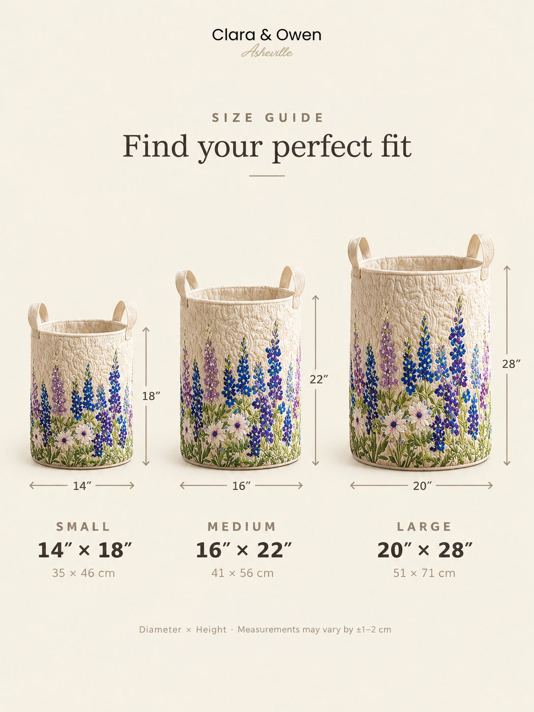 Måttguide med tre korgar i storlek liten, mellan och stor, med mått för diameter och höjd utmärkta. 6