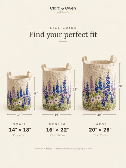 Måttguide med tre korgar i storlek liten, mellan och stor, med mått för diameter och höjd utmärkta. 6