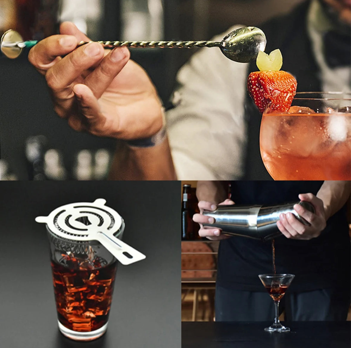 Cocktailzubereitung mit Barlöffel, Shaker und Sieb, Erdbeergarnitur, Barzubehör.
