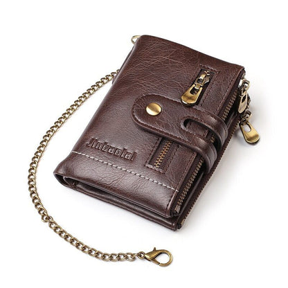 Braune Leder-Geldbörse mit Kette, Reißverschlüssen und Druckknopf, Herren-Accessoire.