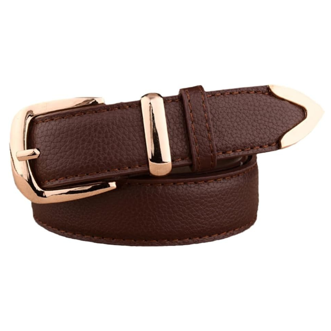 Brauner Ledergürtel mit goldener Schnalle, modisches Accessoire, hochwertig, elegant.
