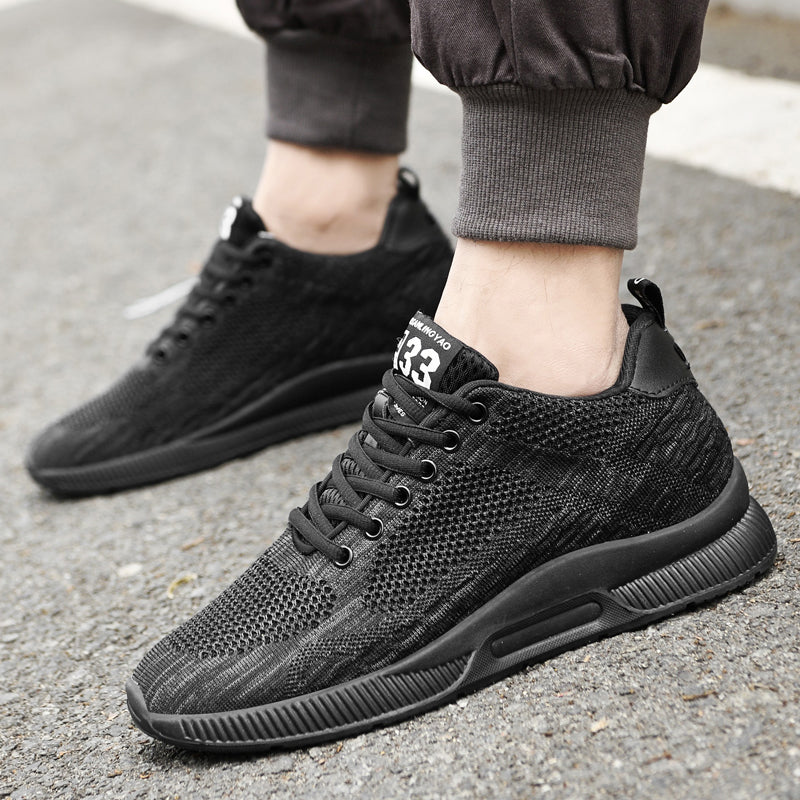 Schwarze Herren-Sneaker, atmungsaktiv, sportlich, Straßenmode, bequem, rutschfeste Sohle.