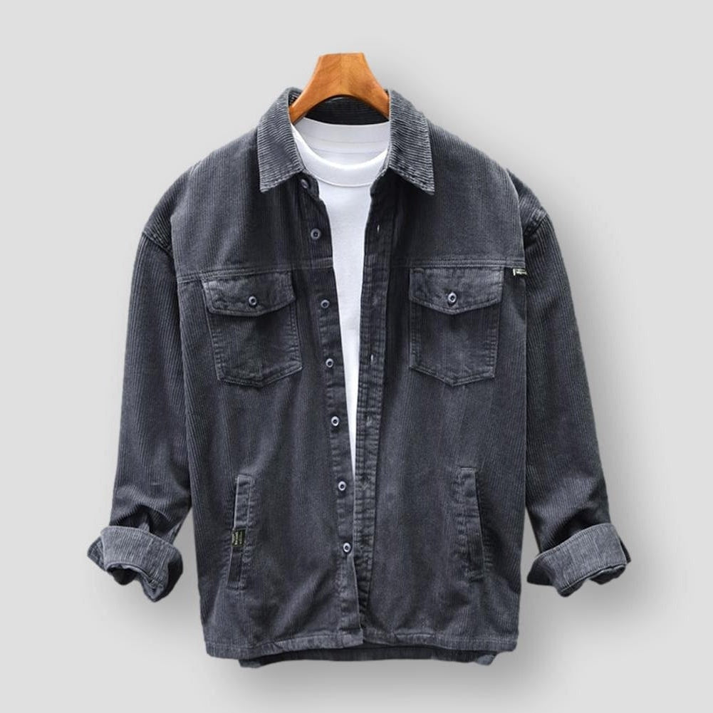 Graues Cordhemd für Herren, Herbst Winter, reine Baumwolle, Freizeitjacke mit Taschen.