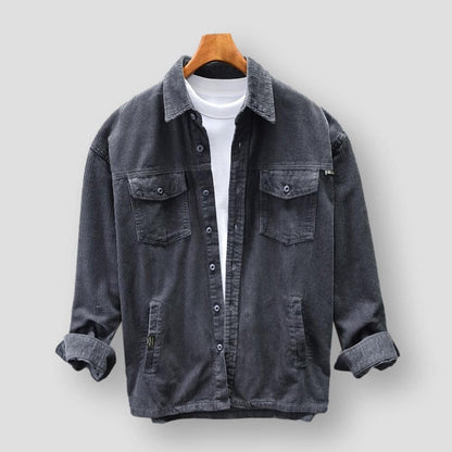 Graues Cordhemd für Herren, Herbst Winter, reine Baumwolle, Freizeitjacke mit Taschen.