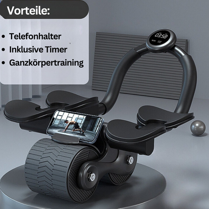 Schwarzer Bauchtrainer mit Telefonhalter, Timer, ideal für Ganzkörpertraining, Heimfitnessgerät.