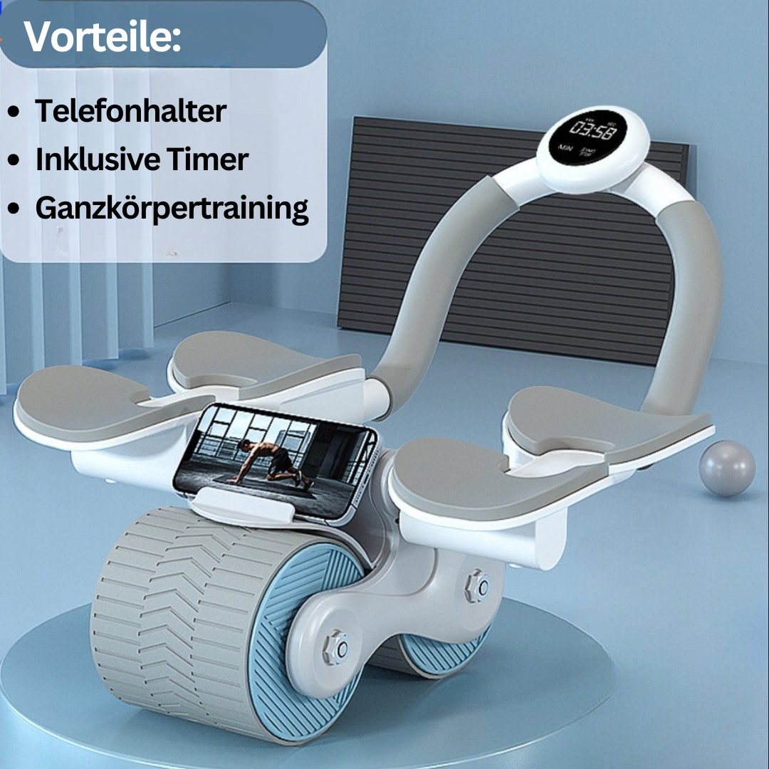 Fitnessgerät mit Telefonhalter, Timer, für Ganzkörpertraining, grau-weiß, modernes Design.