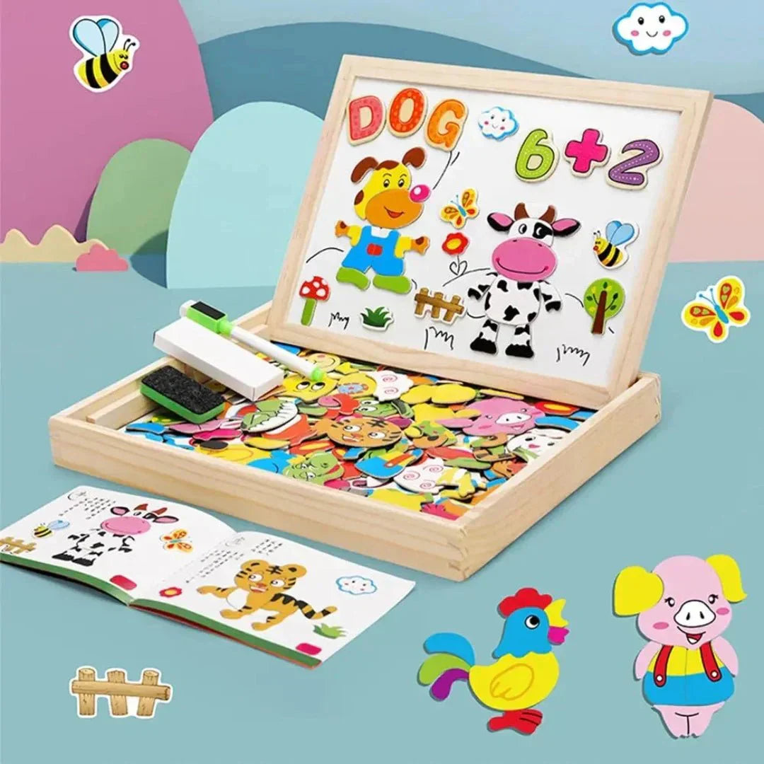 Montessori Holztafel mit Magnetbuchstaben und Zahlen, buntes Lernspielzeug für Kinder.