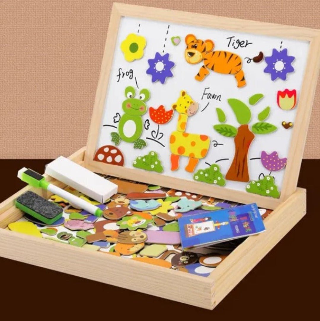 Montessori Kreativ-Brett aus Holz mit Tiermotiven, Magneten und Zubehör für Kinder.