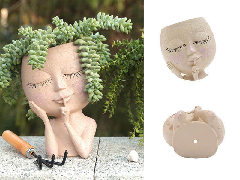 Kreativer Pflanzentopf in Gesichtsform, beige, für Garten, aus Keramik, mit Sukkulenten.