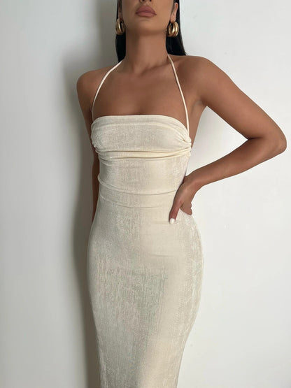 Damen Abendkleid beige, ärmellos, eng anliegend, elegantes Design, Spaghettiträger.