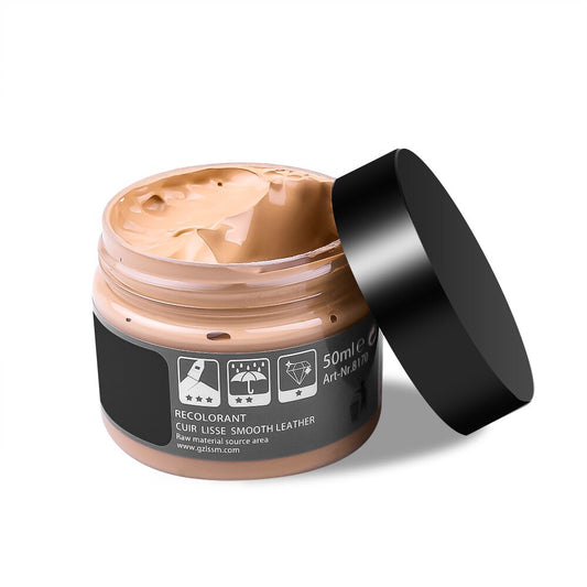 Cremefarbene Lederfarbe in offenem 50ml-Behälter, ideal für glattes Leder, hochwertige Reparatur.