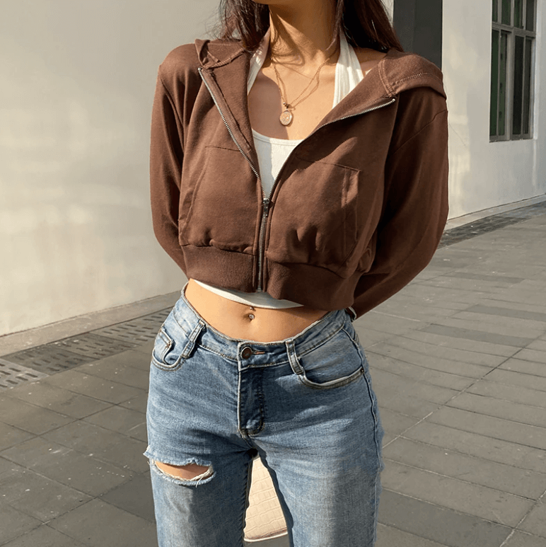Höstig, trendig figurnära croppad zip-up-hoodie för dam med huva – Alina