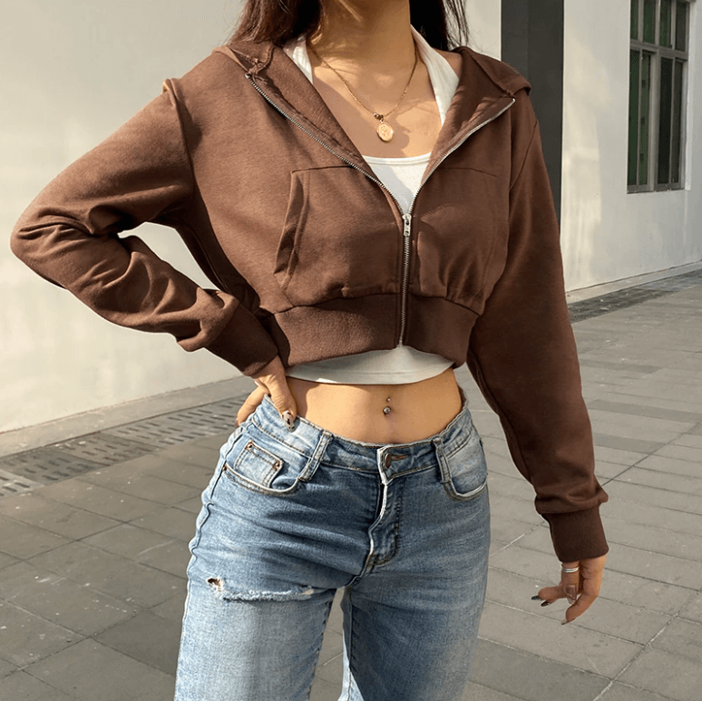 Höstig, trendig figurnära croppad zip-up-hoodie för dam med huva – Alina