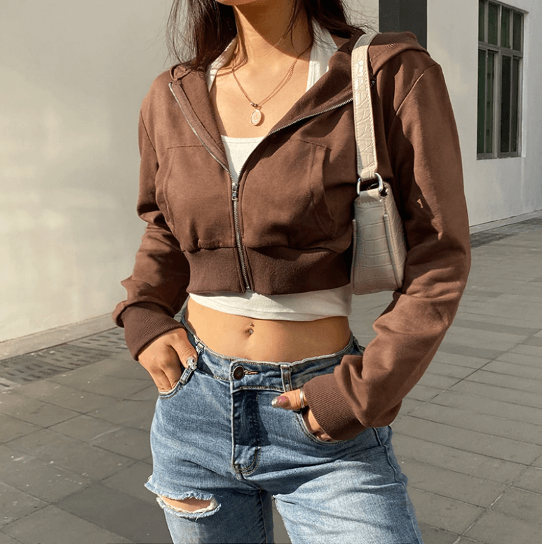 Höstig, trendig figurnära croppad zip-up-hoodie för dam med huva – Alina