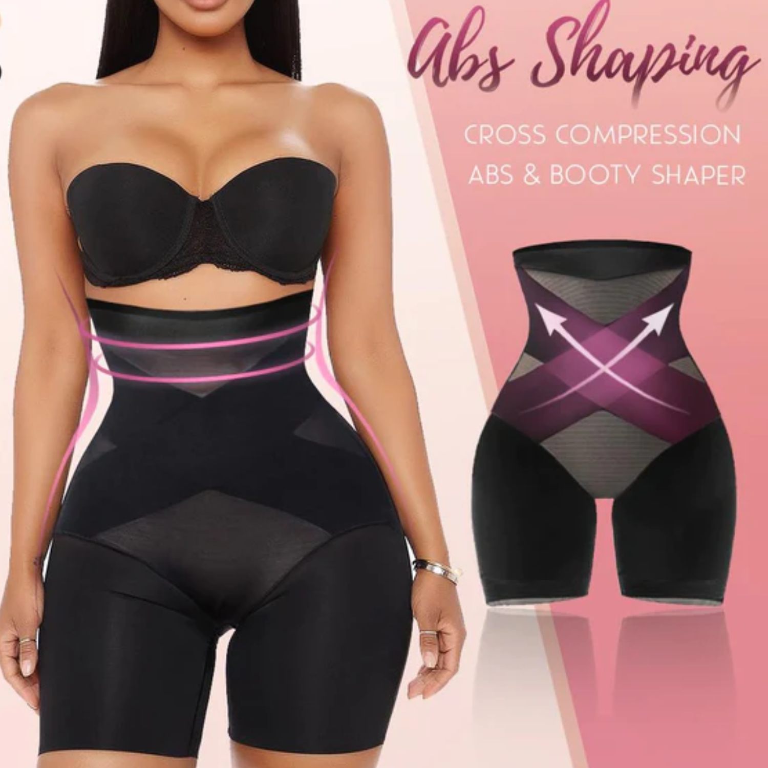 Frau in schwarzem Cross Compression Abs & Booty Shaper, formende Unterwäsche, Bauchkontrolle.