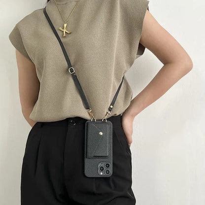 Damen Crossbody-Handyhülle mit Kordel, schwarz, für iPhone/Samsung, modisch und praktisch.