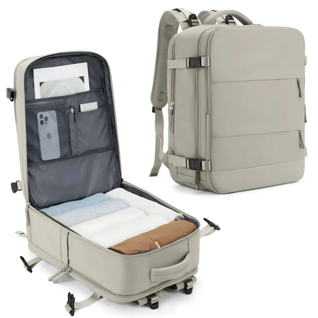 Beiger Reiserucksack, erweiterbar, mit Laptopfach, organisiertem Innenraum, ideal für Reisen.