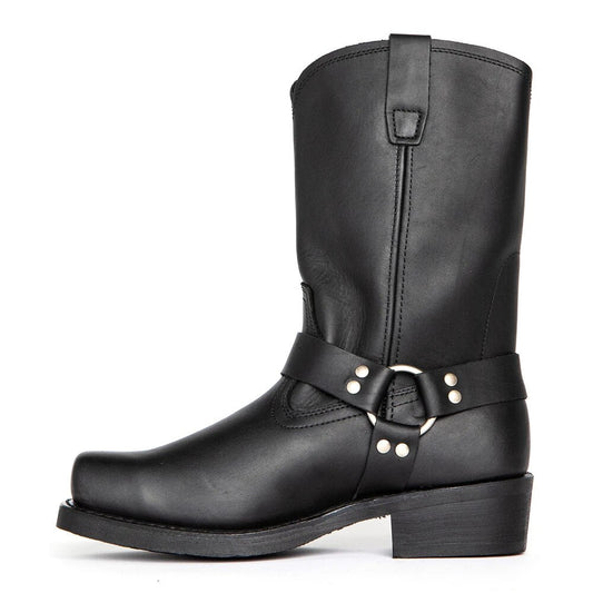 Schwarze Vintage-Cowboy-Stiefel für Herren, Leder, hohe Kette, Schnalle, quadratischer Absatz.