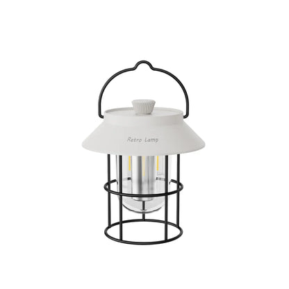 Weiße Retro-Laterne mit schwarzem Metallrahmen, LED-Licht, tragbar, Vintage-Design.