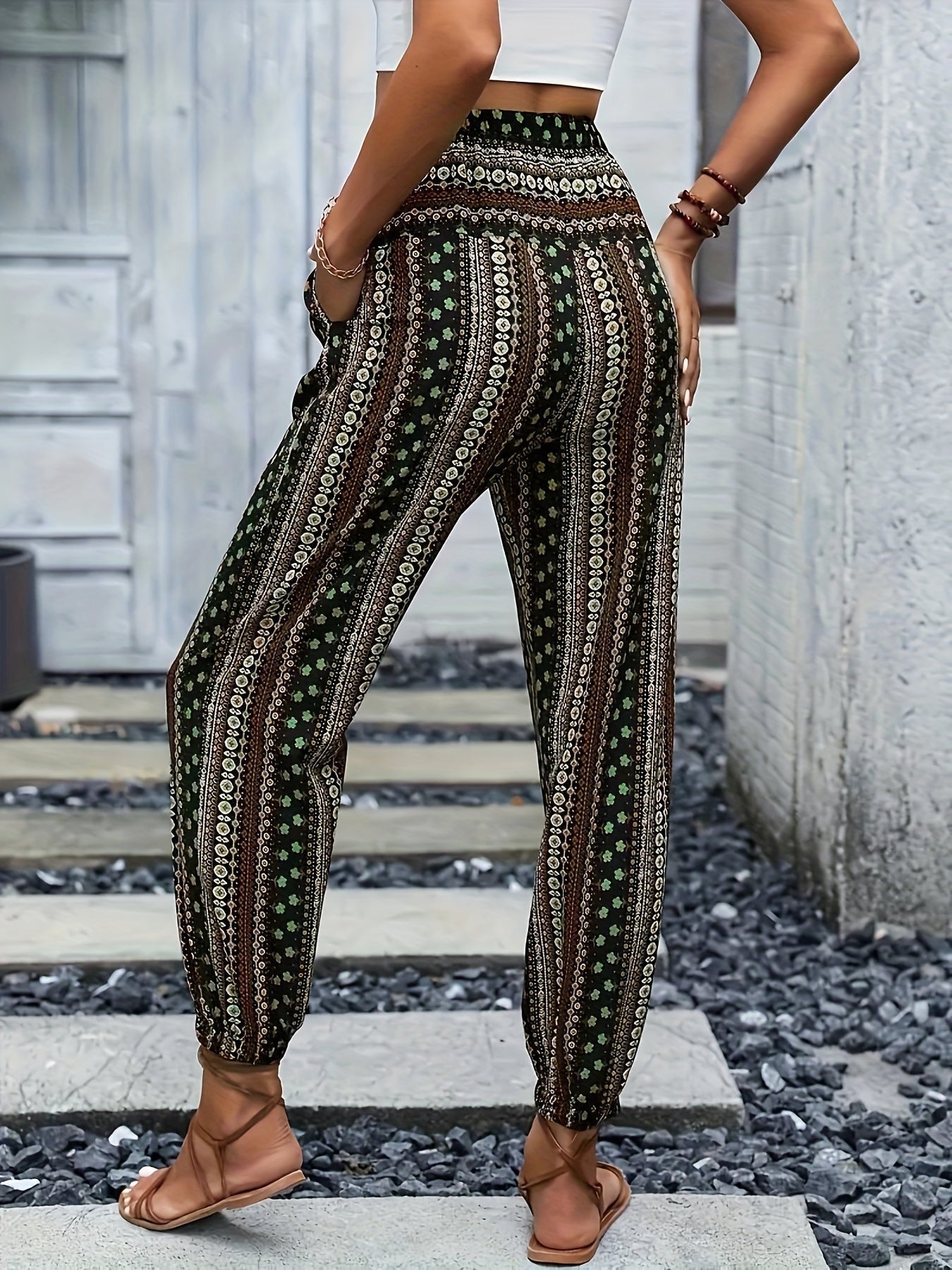Boho Högmidjade Dambyxor med tryck och smockad midja – Linara