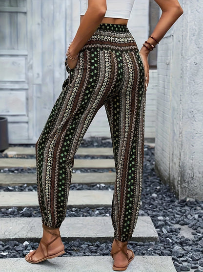 Boho Högmidjade Dambyxor med tryck och smockad midja – Linara