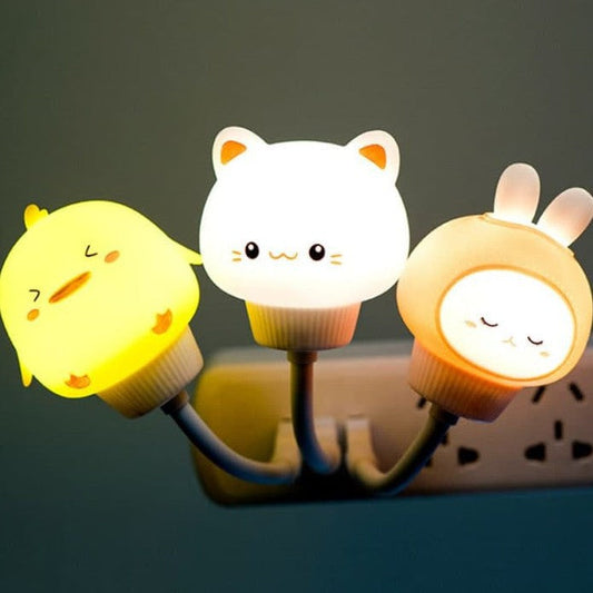 Drei LED-Nachtlichter in Tierform: Küken, Katze, Hase, leuchtend, Kinderzimmer-Dekoration.