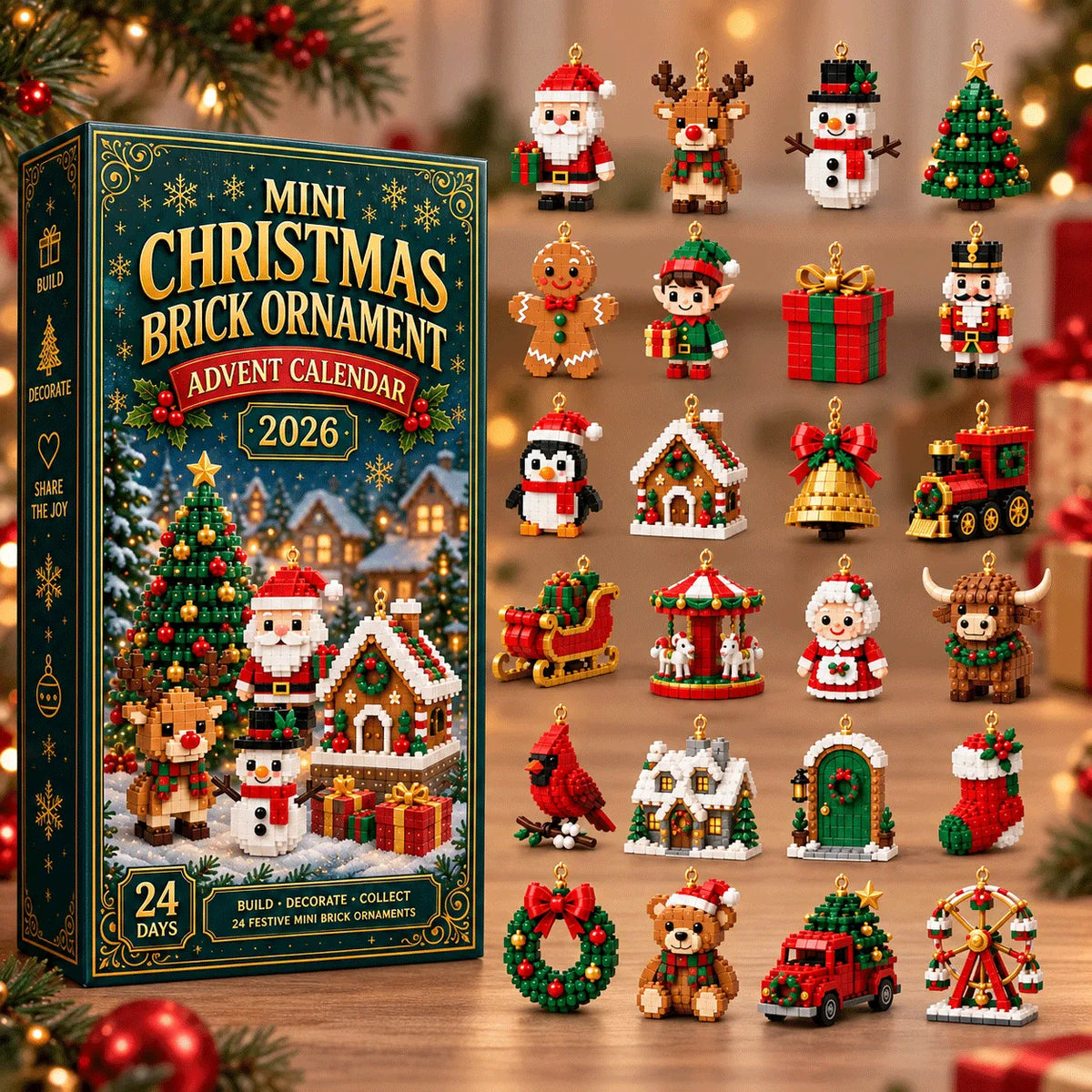 Kartongen vid sidan av alla 24 figurer ordnade i ett rutnät, från tomte och snögubbe till tåg, karusell och pariserhjul. 9