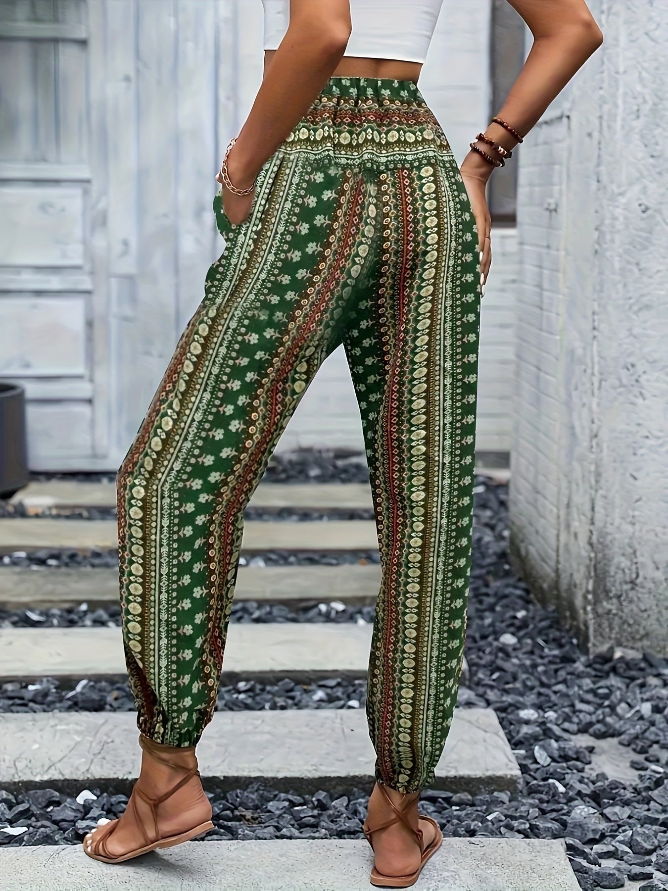 Boho Högmidjade Dambyxor med tryck och smockad midja – Linara