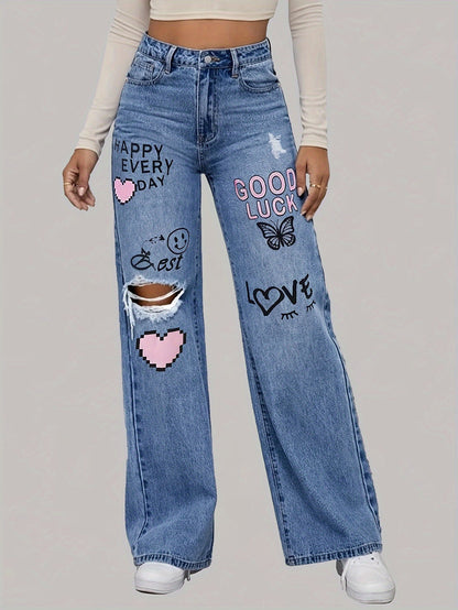 Damen-Jeans mit Aufnähern, blau, weites Bein, modisch, Streetwear, Stickerei, Distressed-Look.