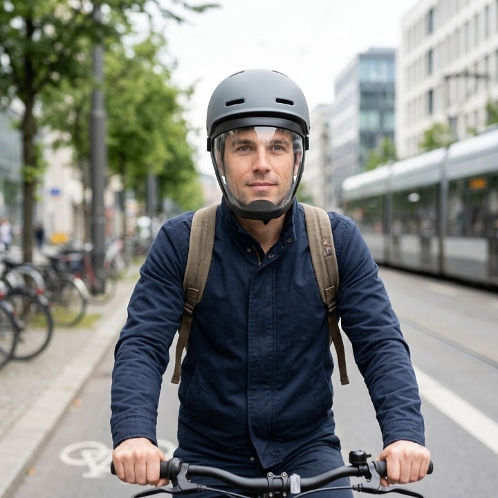 Man på cykel i stadsmiljö bär visiret under en grå cykelhjälm, med spårvagn och byggnader i bakgrunden. 4