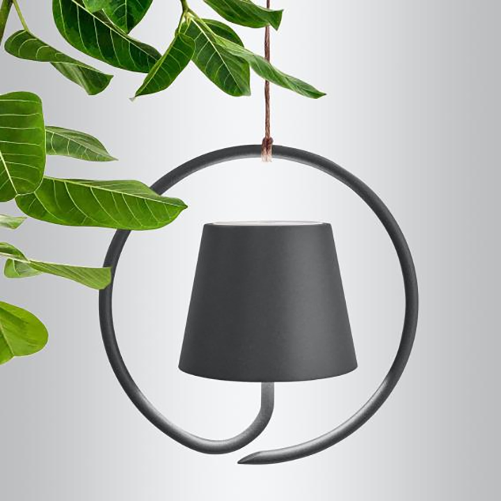 Schwarzer, moderner Hängeblumentopf aus Metall mit Pflanzen, minimalistisches Design.