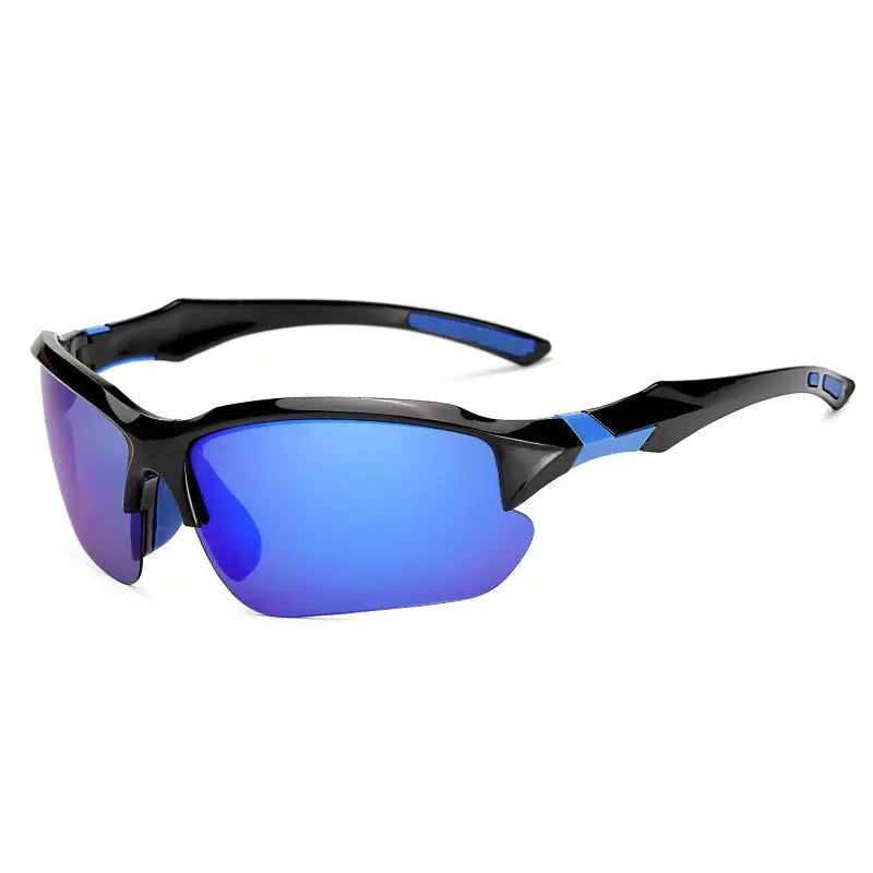 Schwarze Sportsonnenbrille mit blauen Gläsern, UV-Schutz, ideal für Outdoor-Aktivitäten.
