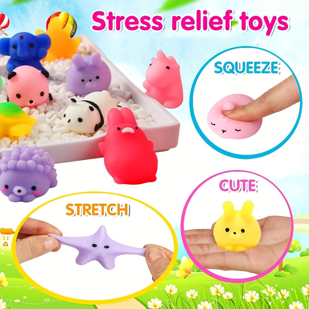 Stressabbau Spielzeug Set, bunte Tierfiguren, weich, dehnbar, drückbar, für Kinder und Erwachsene.