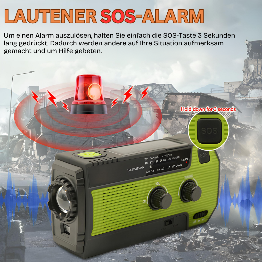 Tragbares Notfallradio mit SOS-Alarm, grün-schwarz, Taschenlampe, Kurbel, Solar, USB-Ladefunktion.