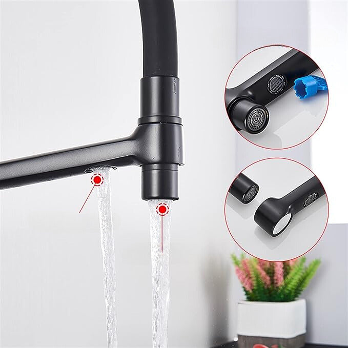 Schwarzer Küchenarmatur mit zwei Wasserstrahlmodi, modernem Design, verchromt.