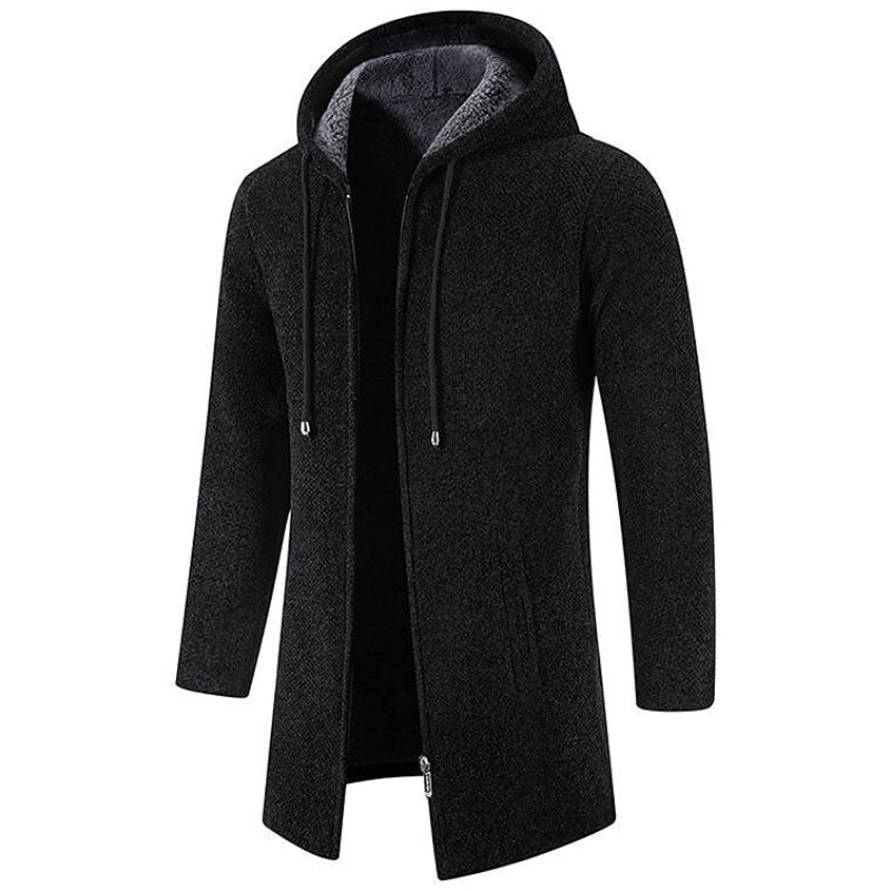 Schwarzer Herrenmantel mit Kapuze, Reißverschluss, Wintermode, warm, elegant, aus Wolle.