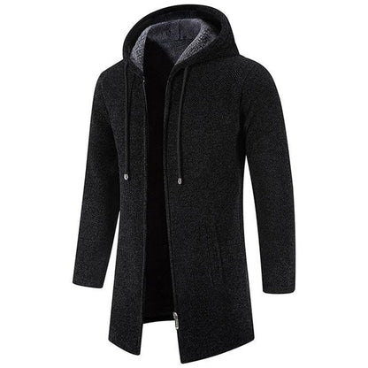 Schwarzer Herrenmantel mit Kapuze, Reißverschluss, Wintermode, warm, elegant, aus Wolle.