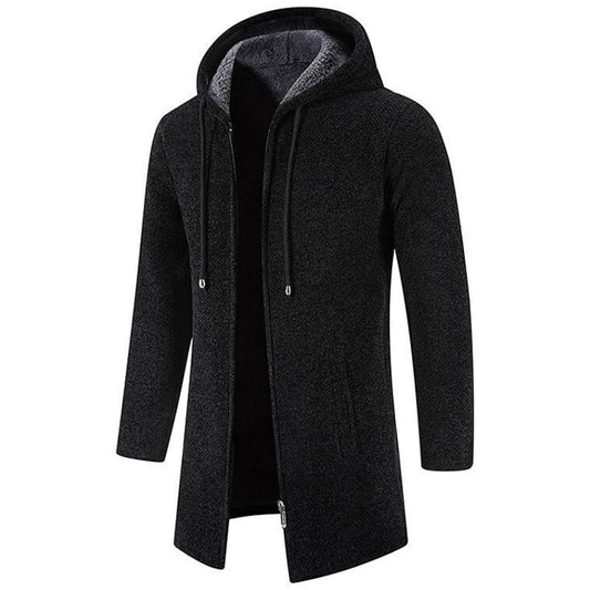 Schwarzer Herrenmantel mit Kapuze, Reißverschluss, Wintermode, warm, elegant, aus Wolle.