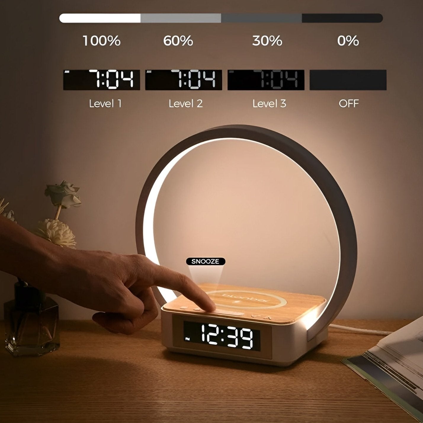 Design nattduksbordlampa med laddare och mjuk väckfunktion - LumoRise