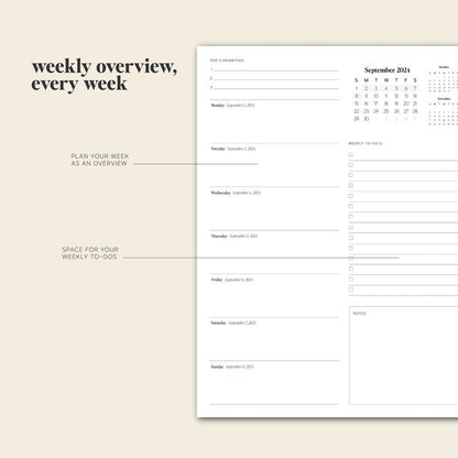 Wochenplaner 2024, minimalistisches Design, To-Do-Liste, Kalenderübersicht, Notizbereich.