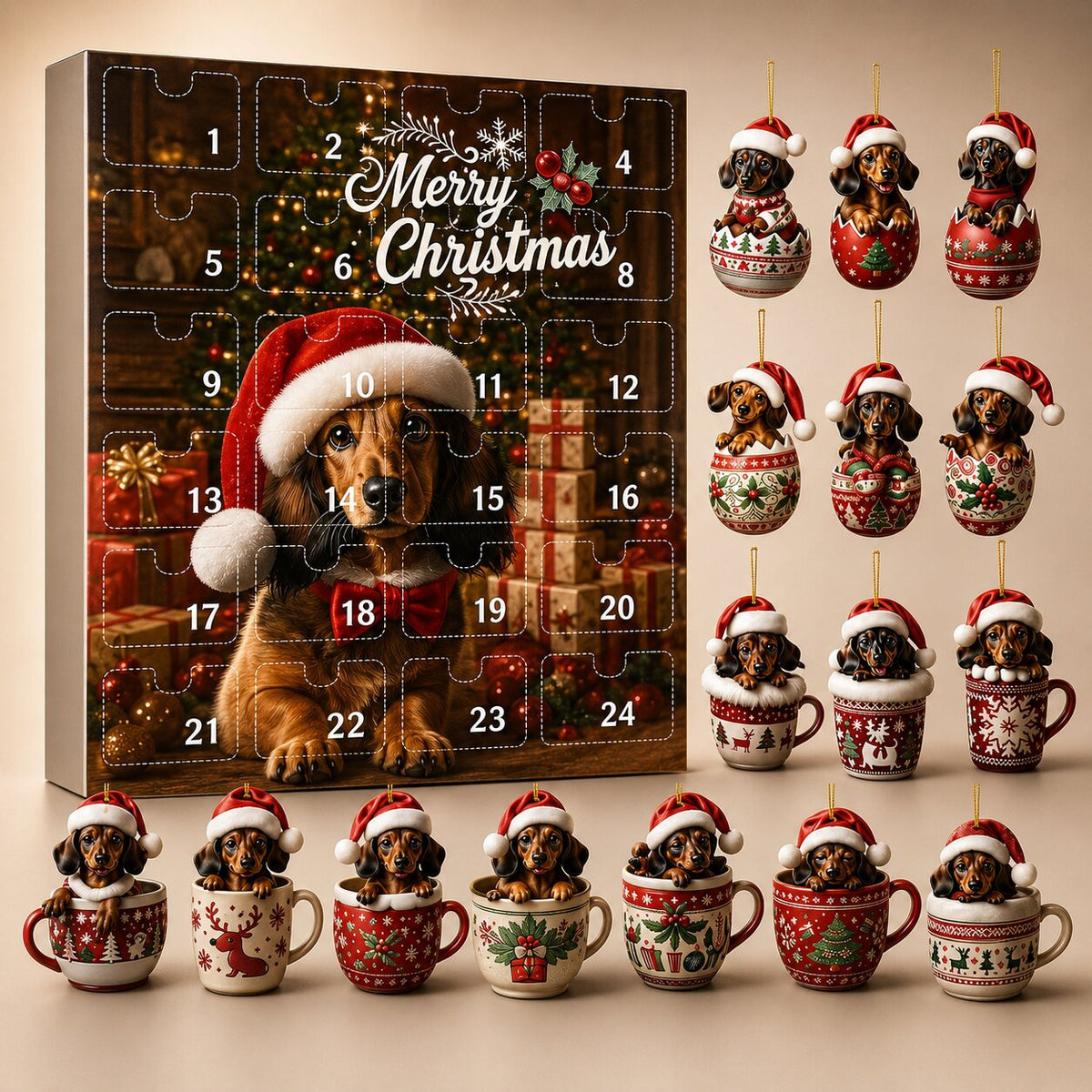 Adventskalender med numrerade luckor och en tax med tomteluva, framför ljus bakgrund och uppradade hängande taxprydnader i koppar och ägg. 1