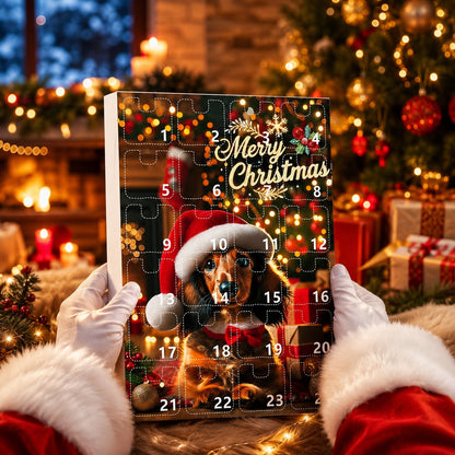 Händer i vita tomtehandskar håller upp adventskalendern med numrerade luckor och en tax med tomteluva, framför en julgran. 5