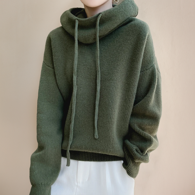 Grüner Damenpullover mit Kapuze, Strick, lässig, warm, modisch, Herbstmode.