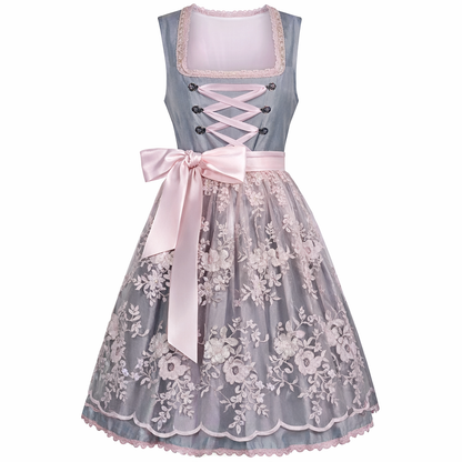 Women's Dirndl Dress with Stand Collar, Lace-Up Front and Lace Overlay 2