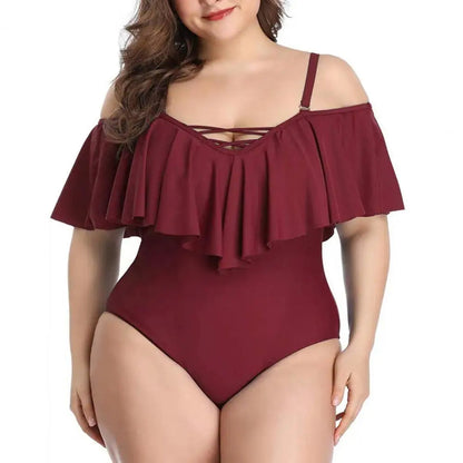Damen Badeanzug, bordeauxrot, schulterfrei, Rüschen, Plus Size, elegantes Design.