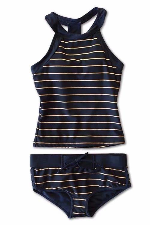 Dunkelblauer gestreifter Tankini für Damen, ärmellos, Badeanzug, Sommermode.
