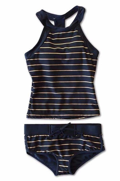 Dunkelblauer gestreifter Tankini für Damen, ärmellos, Badeanzug, Sommermode.